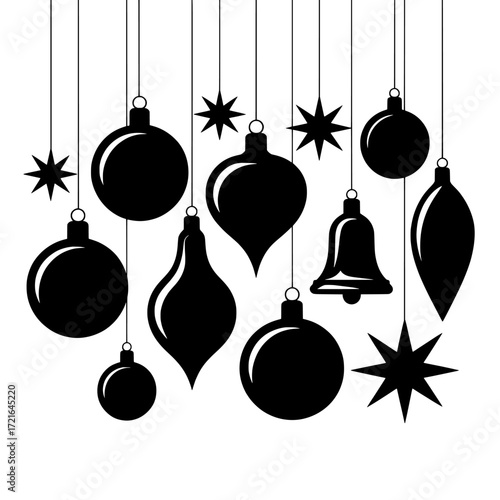 Collection of various black christmas ornaments and star shapes hanging and isolated on a white background isolated on white background isolated on transparent background