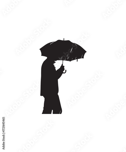 Silhouette of a person walking with an umbrella in the rain rainy weather black white vector illustration graphic design man male