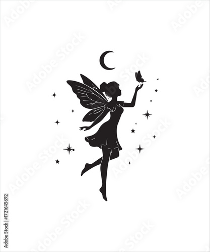 Silhouette of a fairy with wings, stars, moon and butterfly night magic fantasy mythical vector illustration graphic design element