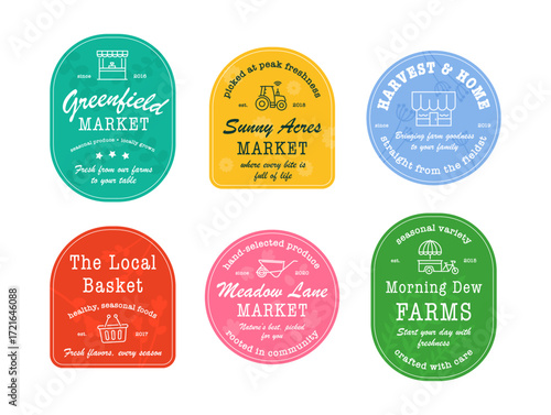 Vibrant logos from various farmer markets highlight local produce and seasonal offerings. Each design reflects the unique character and dedication to fresh food in the community.