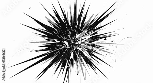 Dynamic Abstract Black Spiky Explosion Burst Grunge Element on White Background. High Contrast Starburst Graphic Design Texture.