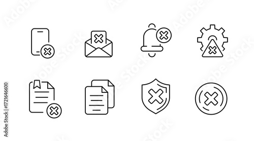 Delete and remove outline icons set – flat, solid, cancellation tools