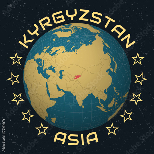 Kyrgyzstan on Globe. Country name round text. Vintage look with grunge scratched texture. Country view on world map in Sky Blue Light Yellow color palette. Kyrgyzstan shape on map.