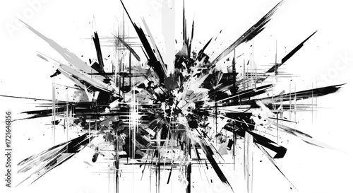 Abstract black and white explosion, dynamic shattered grunge graphic design element, chaotic fragmented monochromatic burst texture background.