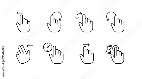 Hand gestures line icons set – outline, linear, gesture and movement symbols