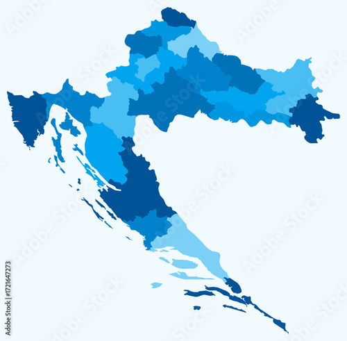 Map of Croatia with regions. Just a simple country border map with region division. Light blue color palette. Plain Croatia shape with administrative division. Vector illustration.
