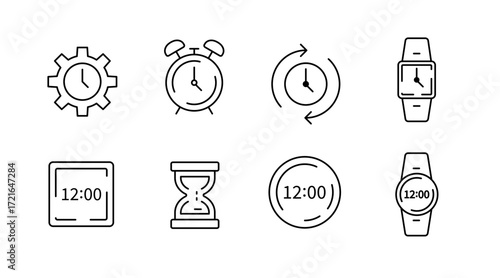 Clock and time outline icons set – linear, minimalist, time management symbols