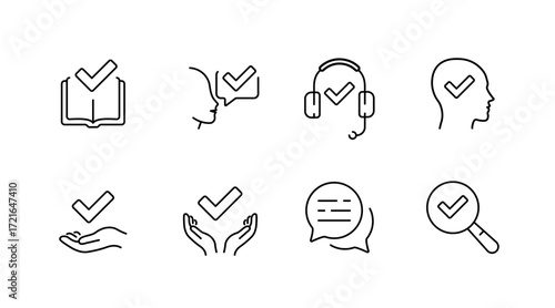 Communication and support outline icons set – linear, line, advice and assistance symbols