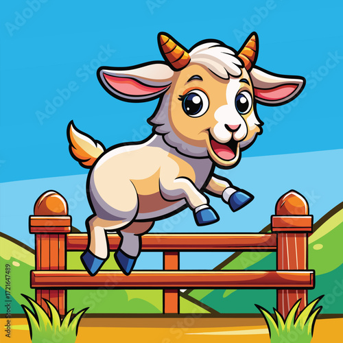 Cute cartoon baby goat happily jumping over a wooden farm fence in green fields vector