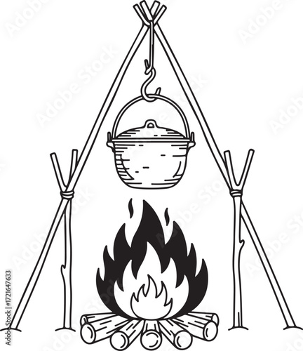 Campfire Cooking Pot Hanging Over Flames Keywords: campfire, cooking, pot, fire, camping