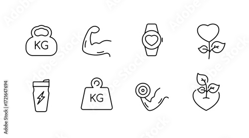 Fitness and wellness outline icons set – linear, health and exercise symbols