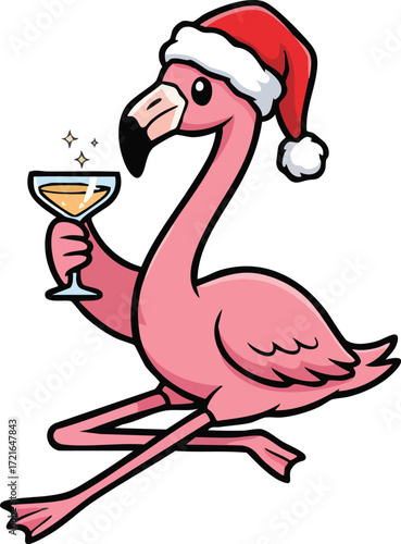 Festive Flamingo Celebrating with Champagne and Santa Hat