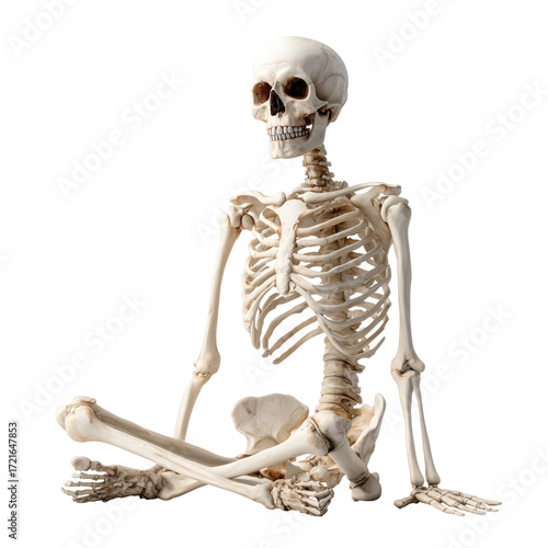 A detailed representation of a human skeleton sits gracefully, showcasing the intricate framework that supports the human body