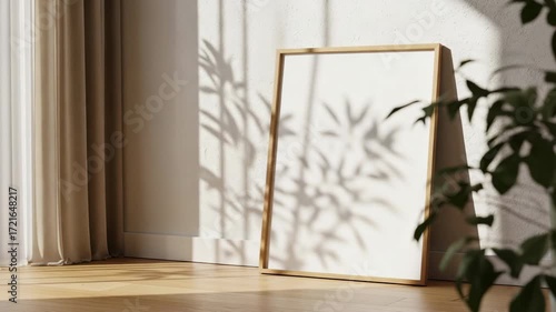 Minimalist sunlight mockup with wooden frame leaning on wall, soft curtain, natural light and plant shadows, empty poster template, bright interior decor scene for artwork, photography, branding