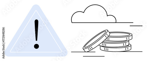 Exclamation mark in a triangle beside stacked coins under a cloud outline. Ideal for finance, caution, online security, investment, uncertainty, cloud storage, decision-making. A simple flat metaphor
