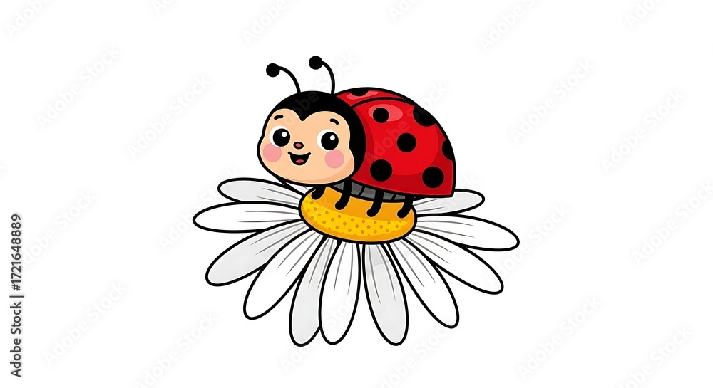 Fototapeta premium Cheerful Ladybug on Daisy Flower Vector Illustration