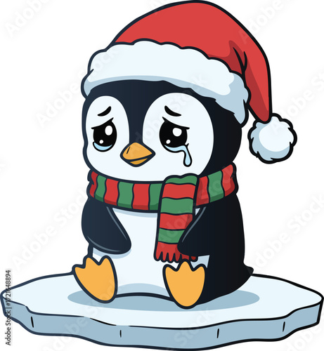 Sad Penguin Crying Tears While Wearing Christmas Hat and Scarf