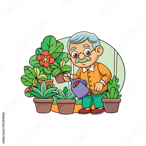 Cheerful Grandfather Tending to His Indoor Garden, Adding Water with Care and Affection, Surrounded by Plants