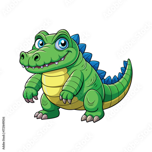 Cute Cartoon Crocodile Character Illustration with Green Scales and Blue Spikes a Playful Design for Childrens Media and Educational Resources
