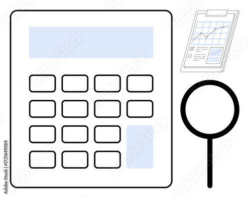Calculator with numeric keypad, magnifying glass, and financial report clipboard with graphs and data. Ideal for finance, accounting, auditing, research, budgeting administration analysis. Simple