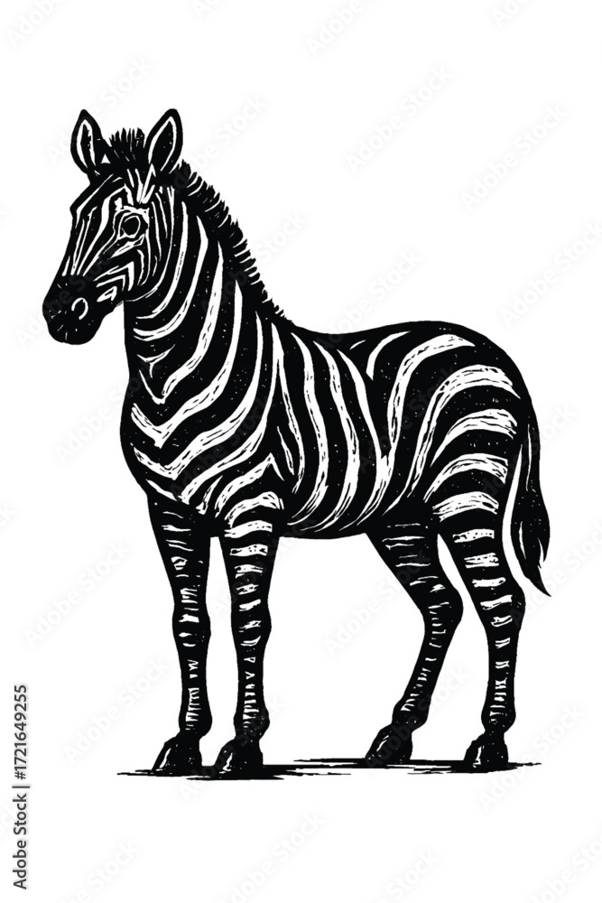 Obraz premium Striking black and white illustration of a zebra standing gracefully on a plain white background