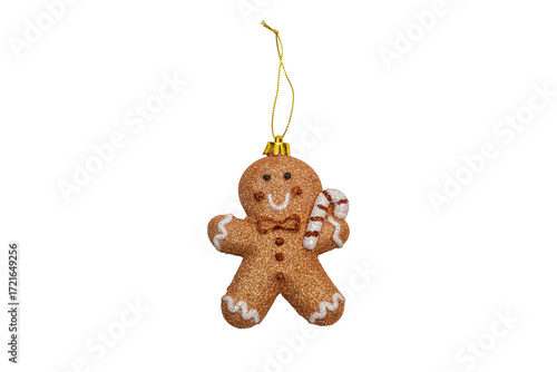 Glittery gingerbread man ornament with a candy cane and bow tie. The photo is in PNG format with a transparent background. The image is isolated on a transparent PNG background.