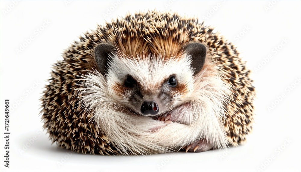 Fototapeta premium A hedgehog curled into a ball photorealistic detail white background with subtle shading 