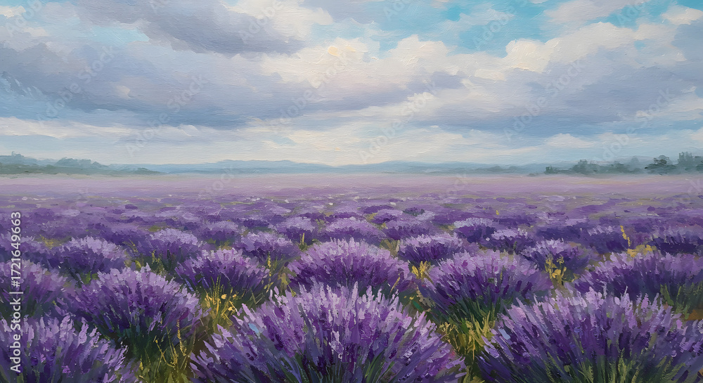 Obraz premium Lavender Field's Dreamscape: A vast expanse of purple lavender flowers stretches toward the horizon under a dramatic cloudy sky, evoking a sense of peace and tranquility.