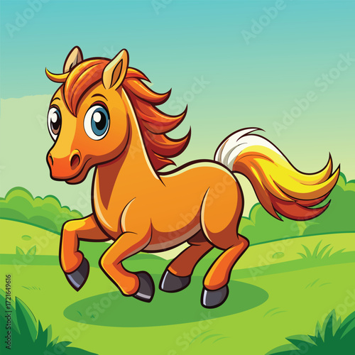 Adorable cartoon horse galloping through a vibrant green meadow under a bright blue sky vector