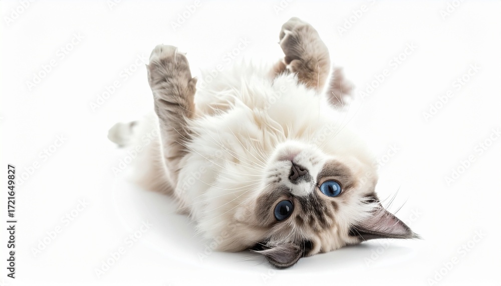 Obraz premium A ragdoll cat lying on its back fluffy fur photorealistic realism white background with natural shading 