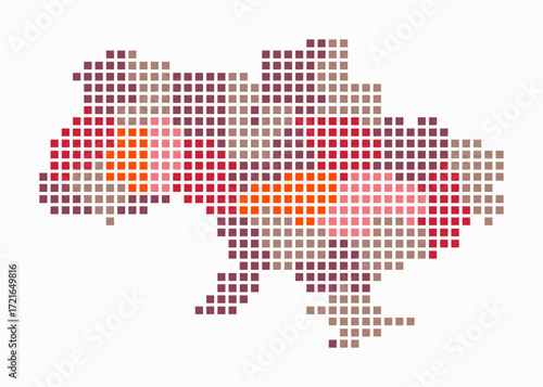 Ukraine dotted map. Digital style map of the country on white background. Ukraine shape with square dots. Colored dots style. Large size squares. Plain vector illustration.