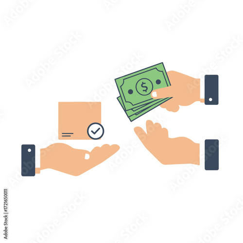 This vector illustration depicts a successful e-commerce transaction, showing a package delivered and payment exchanged, symbolizing efficient online shopping.