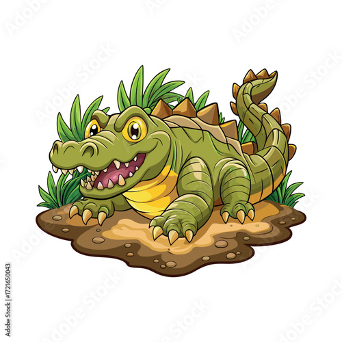 Cartoon Crocodile Lounging in the Grass with a Playful Expression and Detailed Scales Design Ready for Animation or Illustration