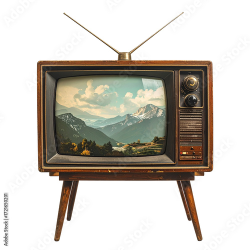 Vintage television set displaying a landscape scene