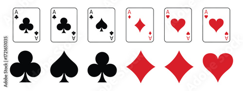 A vibrant vector illustration featuring classic playing card aces and large graphic symbols for clubs, spades, diamonds, and hearts, perfect for casino, game, and gambling concepts