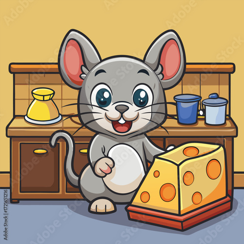 Cute cartoon mouse happily nibbling a big piece of cheese in a kitchen setting vector
