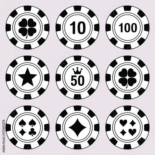 Collection of Casino Poker Chips with Spade, Diamond, Heart, and Club Symbols and Numerical Values