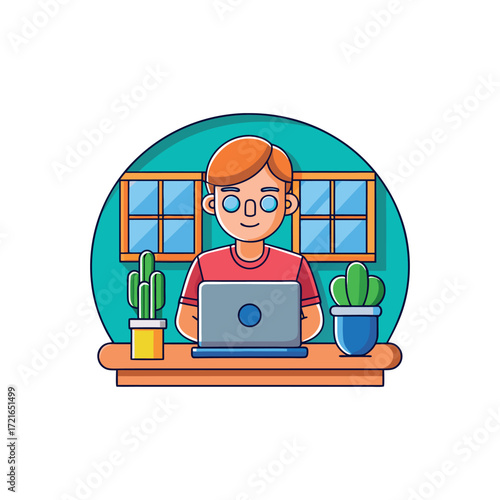 Person working on a laptop at a desk with plants and windows in the background vector illustration