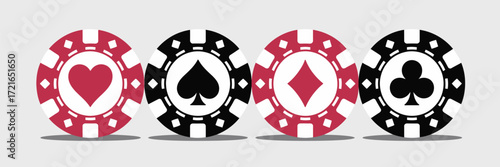 Poker Chips with Suits Heart, Spade, Diamond, and Club Symbols on a White Background