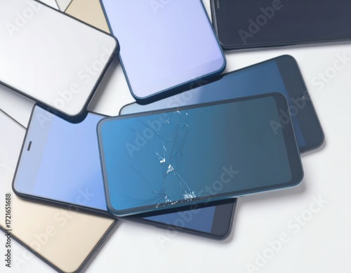 Pile of smartphones with one broken cracked screen on white background