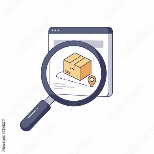 A magnifying glass observes a web interface showing a package, its route, and a location pin, symbolizing efficient delivery tracking.