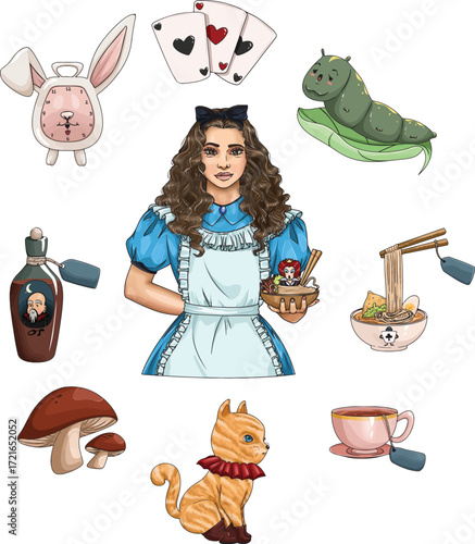 Vector illustration of Alice and wonderland stuffs icon set. Alice, rabbit, clock, cat, queen, card, and other elements for design
