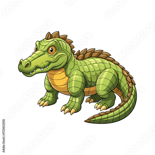 Cartoon Alligator with Scaly Green Skin and Brown Spikes Standing on a White Background
