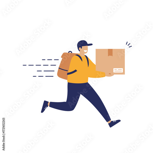 A cheerful courier wearing a cap and backpack swiftly runs to transport a package, symbolizing rapid and efficient e-commerce distribution.