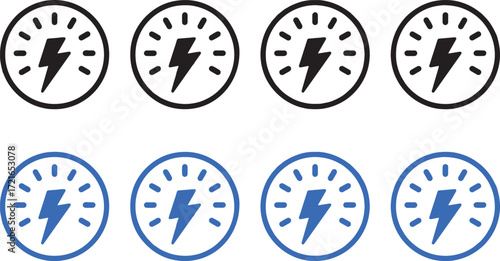 lightning bolt, electricity, power, energy, icon, symbol, set, collection, black, white, blue, circle, graphic, design, concept, strength, speed, charge, voltage, current, storm, weather, technology, 