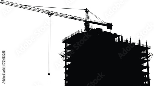 Towering construction crane silhouetted against a stark white background, building progress visualized