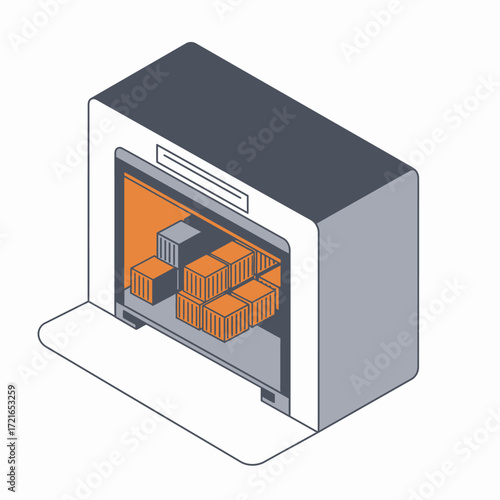 An isometric illustration depicts an open storage unit revealing numerous stacked boxes and containers, symbolizing efficient logistics and inventory management solutions.