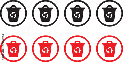 recycle, bin, trash, waste, garbage, container, disposal, environment, eco, green, symbol, icon, circle, black, red, graphic, design, illustration, simple, clean, set, collection, recycling, reuse, re