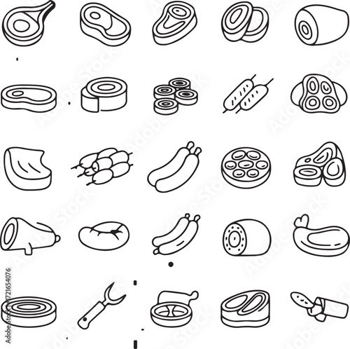Collection of Hand Drawn Meat and Butcher Icons on White Background Keywords: meat, butcher