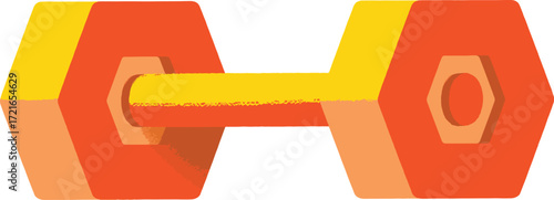 A 3D rendered dumbbell with hexagonal weights in orange and yellow